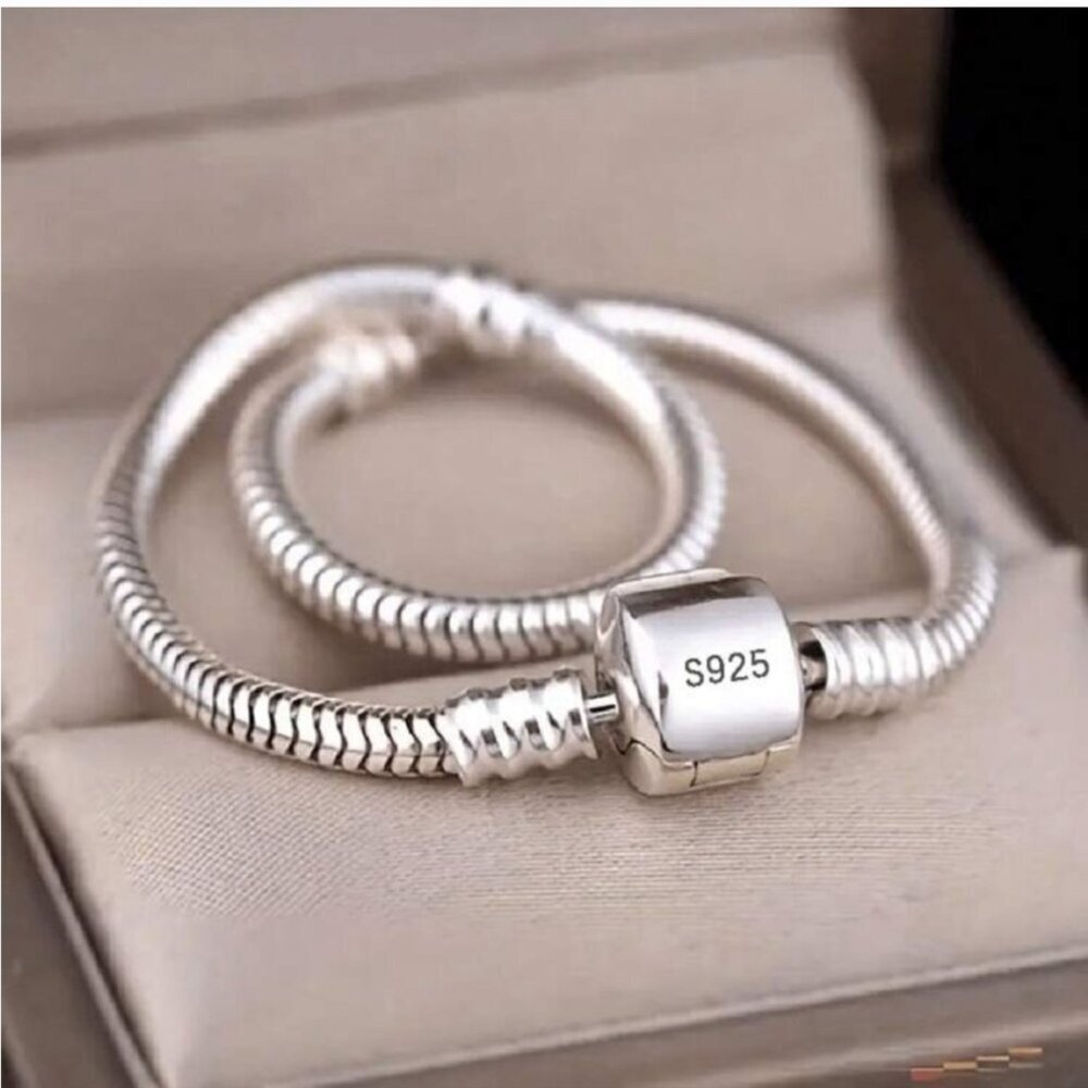 Sterling Silver Plated Snap Clasp Snake Chain European Charm Bracelet about 8"